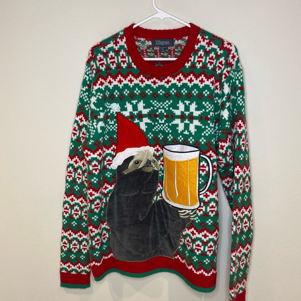 33 Degrees Ugly Christmas Sweater Sloth Holds Beer‎ Men’s XL Pocket For A Drink